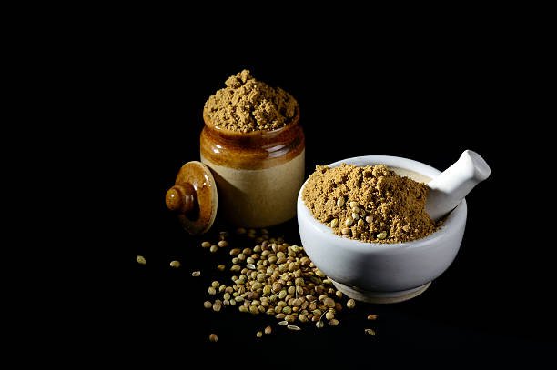 Seeds and Coriander Powder in clay pot and mortar with pestle on black background.